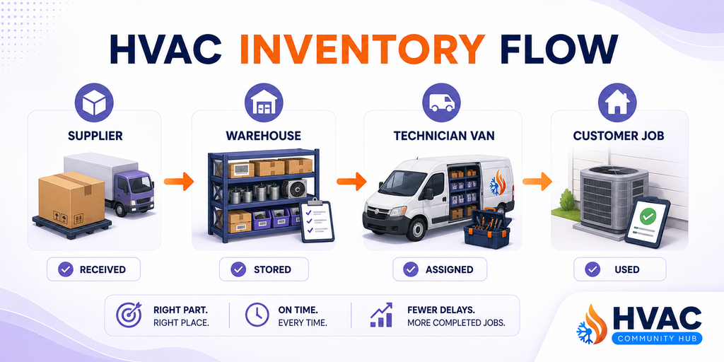 HVAC inventory management flow from warehouse to technician van and job