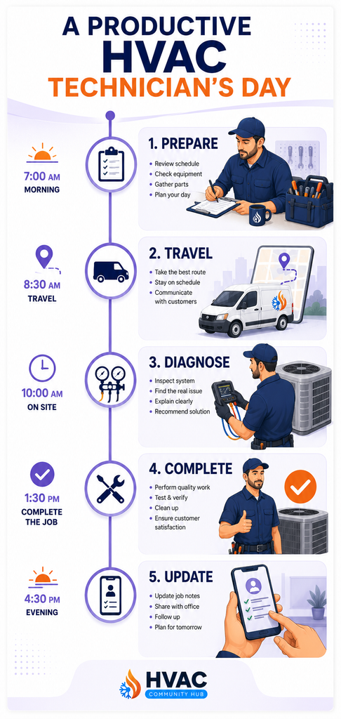 HVAC technician productivity throughout a typical workday