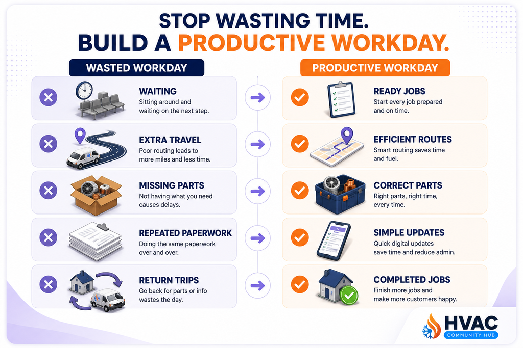 HVAC technician productivity comparison between wasted and productive time
