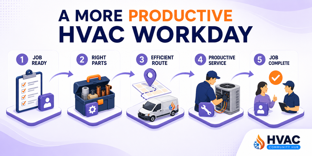 HVAC technician productivity workflow from job preparation to completion