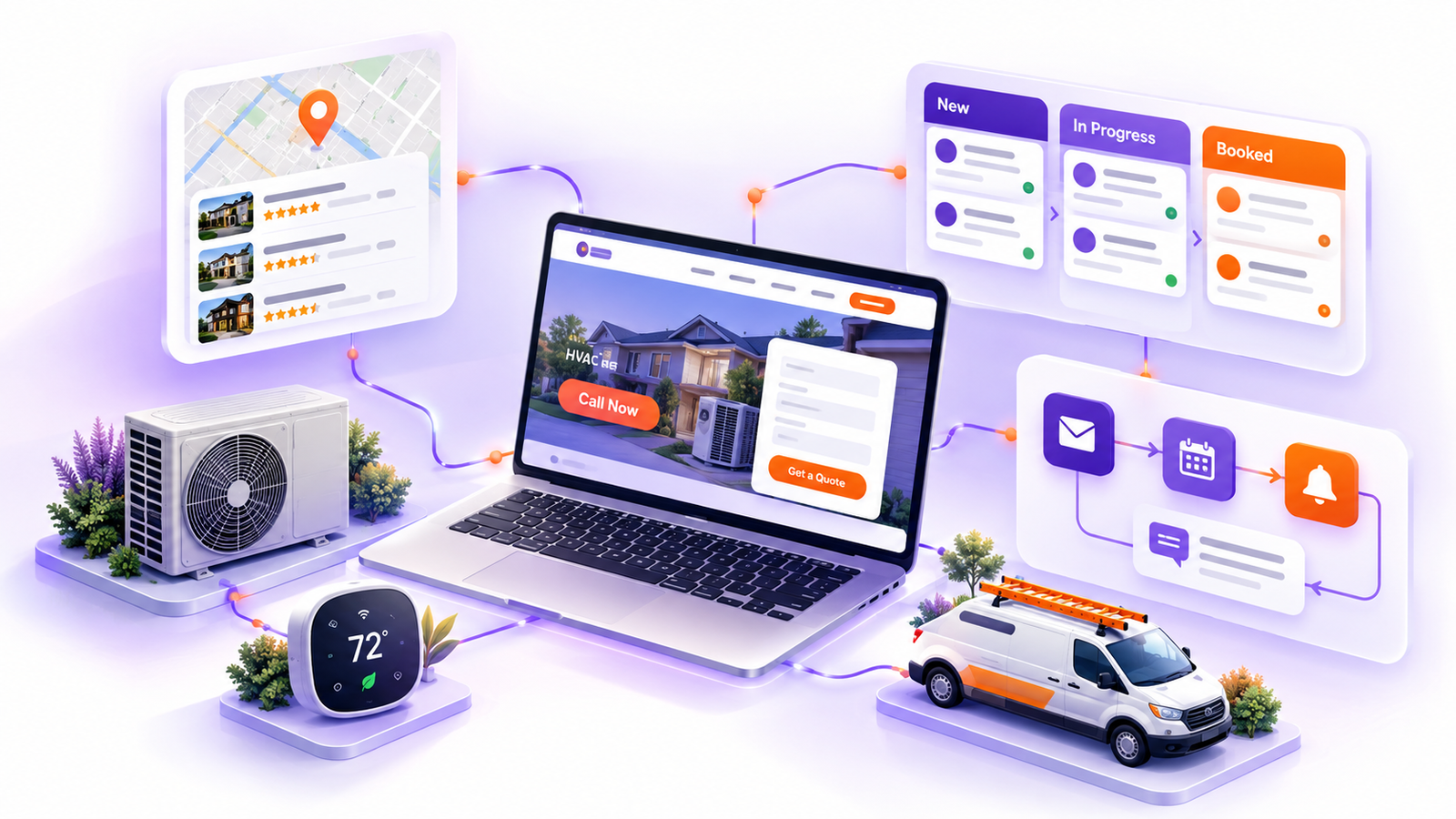 HVAC digital services connected as one system: website, local SEO map results, CRM pipeline and follow-up automation