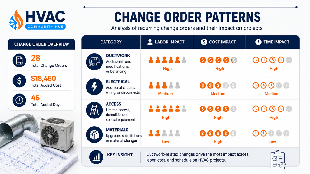 HVAC change orders tracked by labor materials and scheduling impact