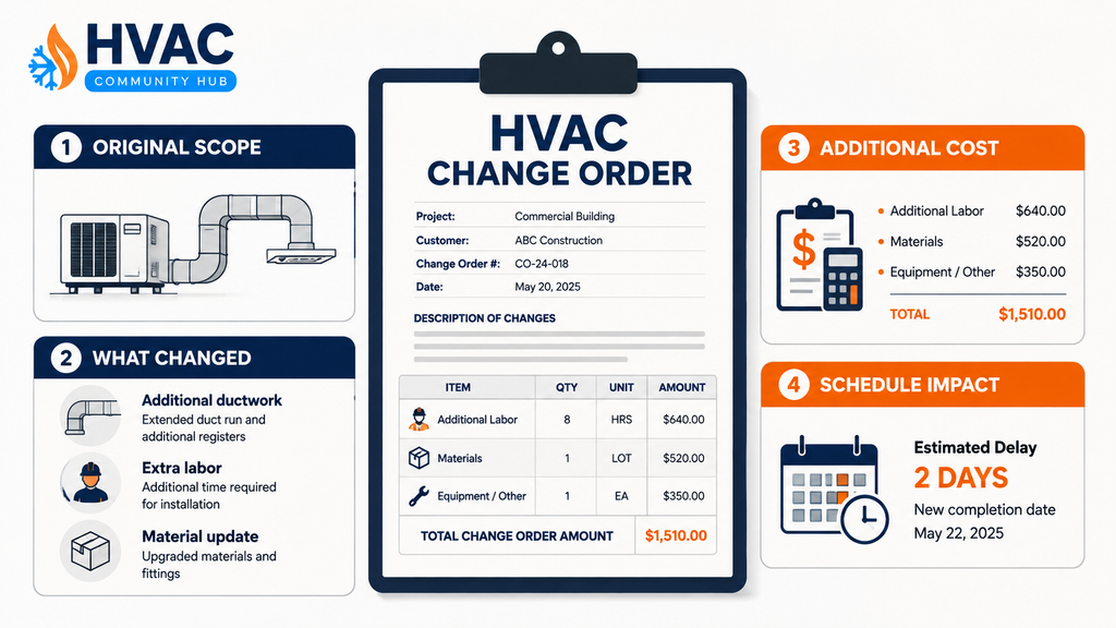 HVAC change orders showing additional labor materials and scope changes