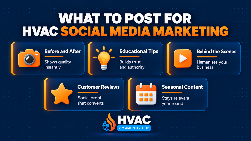 HVAC social media content ideas for before-and-after jobs, tips, customer reviews, team stories, and seasonal posts
