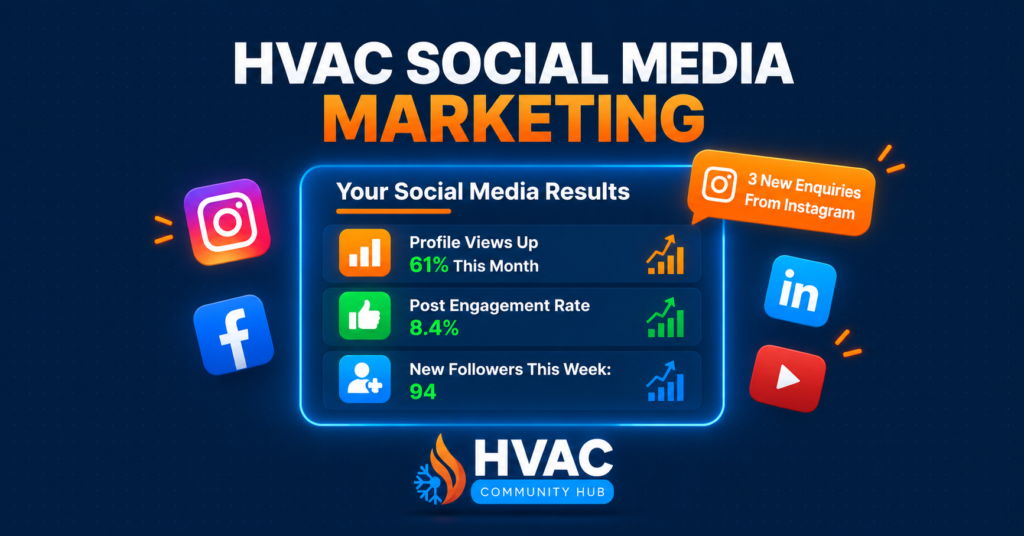 HVAC social media marketing dashboard showing engagement and follower growth metrics