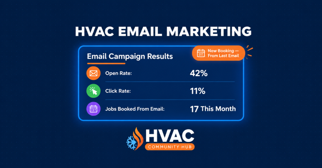 HVAC email marketing dashboard showing open rates click rates and booked jobs metrics